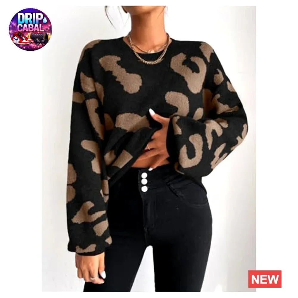 Leopard Print Vintage Knit Pullover Sweater Long Sleeve Crew Neck Casual